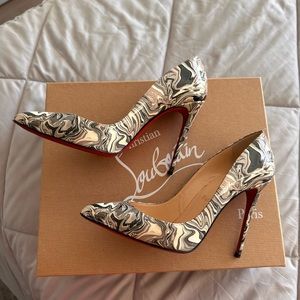 Authentic Christian Louboutin Pigalle Follies 100mm Patent Marble Swirl 37